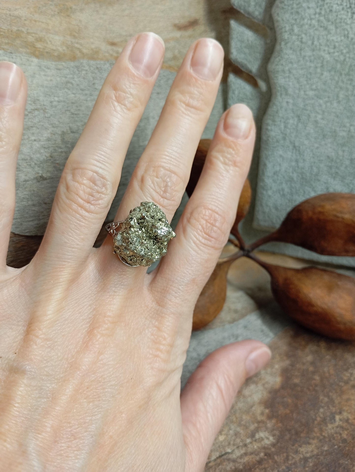 Big Sparkly Raw Pyrite ring adjustable  open finger stainless steel ring,attracts success wealth property crystal cluster ring, natural gem