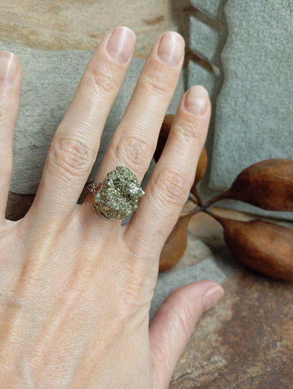 Big Sparkly Raw Pyrite ring adjustable  open finger stainless steel ring,attracts success wealth property crystal cluster ring, natural gem