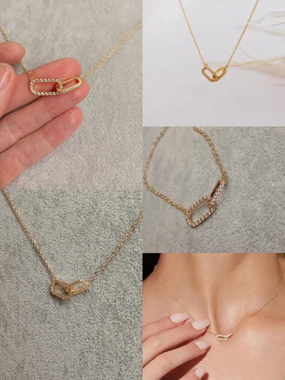 Shiny rhinestone Double circle pendant linked square Hoops, choker chain necklace for women, Charm, fashion trend elegant boho party gift