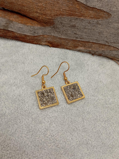 Raw Pyrite in Square cabochon, hooks stainless steel Earrings, wealth stone,bohemian,dainty, Healing, Protection, handmade,natural gemstone