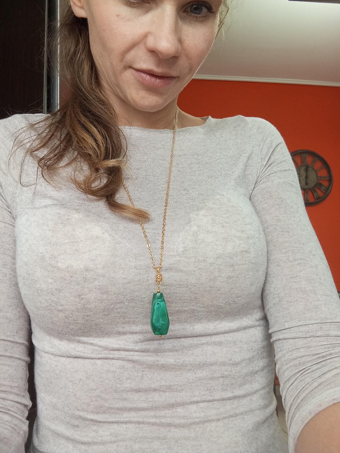 Green Malachite Pendant necklace, unique, Natural gemstone, gold plated stainless steel chain, handmade, wire wrap, gift for women, bohemian