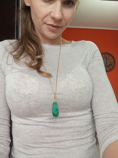 Green Malachite Pendant necklace, unique, Natural gemstone, gold plated stainless steel chain, handmade, wire wrap, gift for women, bohemian