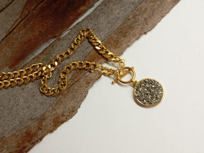Pyrite Cubes Pendant Necklace, Round cobochon, thick chain, Wealth stone,Confidence, success, Protection Healing,Handmade Pyrite Jewellery