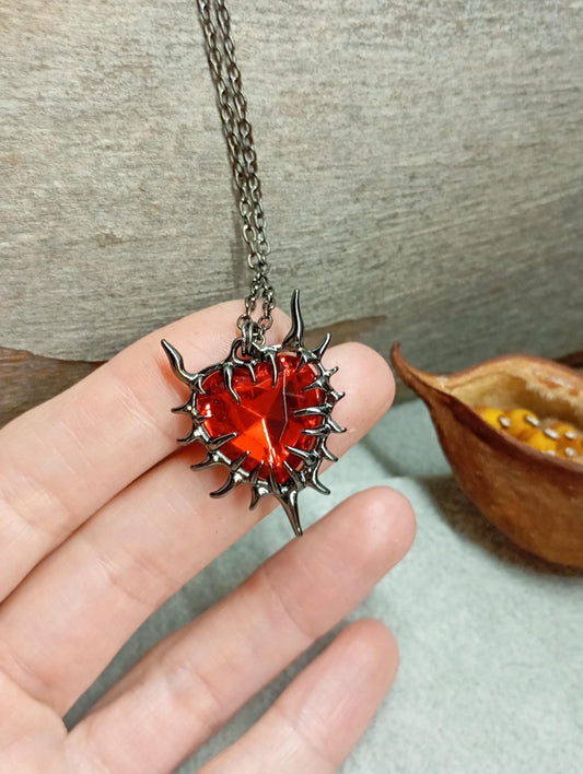 Thorn wrapped Red Heart pendant necklace, gun black plated chain Necklace, dark gothic party hip-hop, charm bohemian, gift for woman