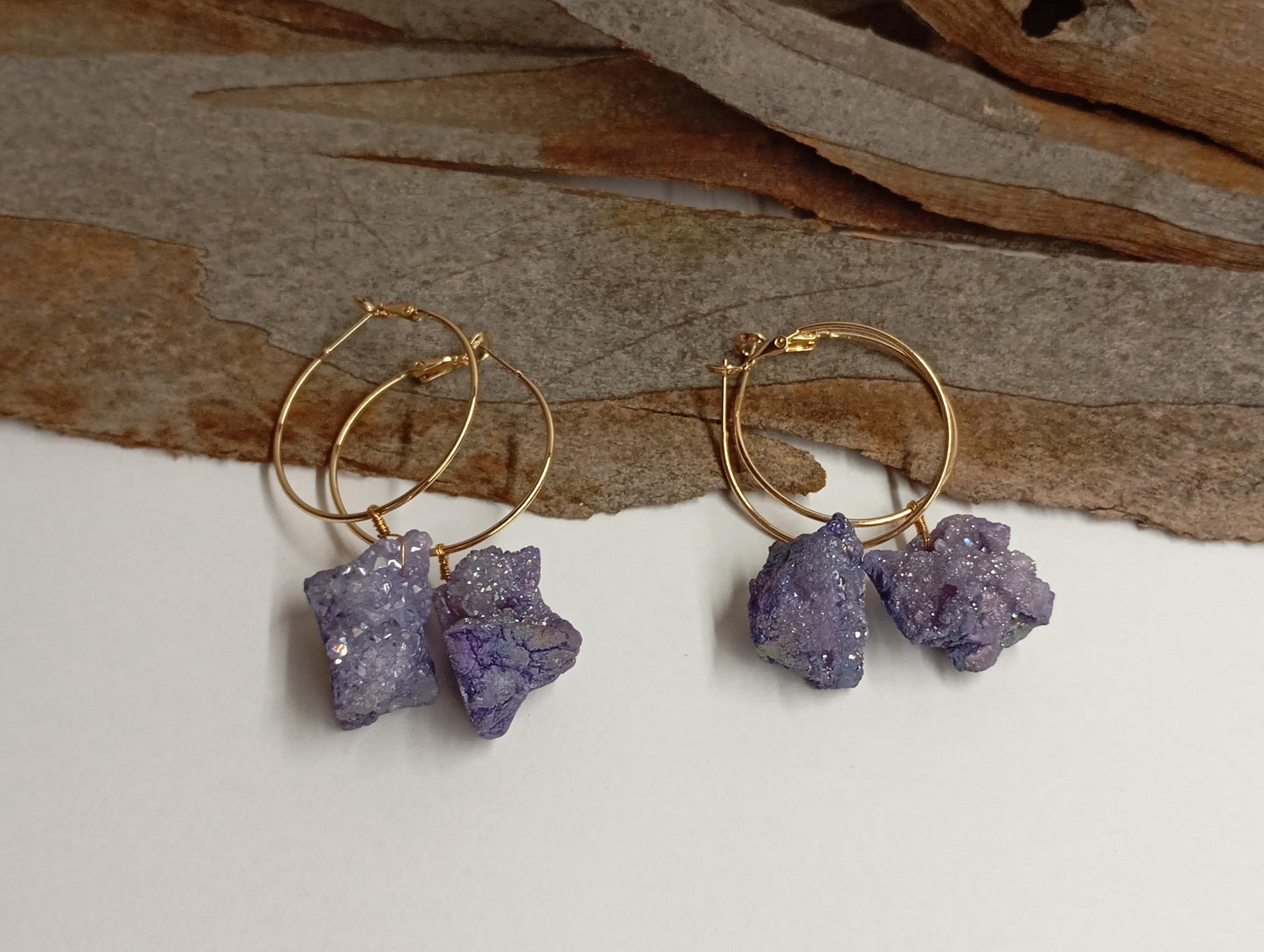 Blue aura Druzy quartz crystal cluster  Hoop Earrings, circle dangle earrings, protection healing, gorgeous,dainty charm earrings, gem