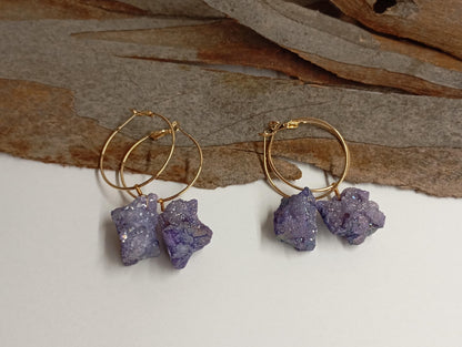 Blue aura Druzy quartz crystal cluster  Hoop Earrings, circle dangle earrings, protection healing, gorgeous,dainty charm earrings, gem