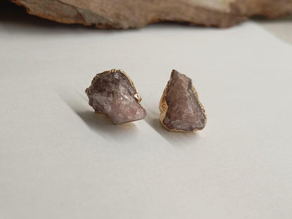 Strawberry quartz Stud Earrings, gold plated pink gemstone irregular,  Healing Earrings, wedding, party, bohemian exquisite
