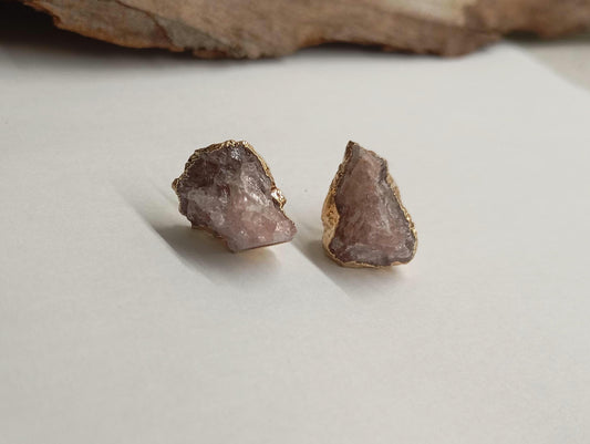 Strawberry quartz Stud Earrings, gold plated pink gemstone irregular,  Healing Earrings, wedding, party, bohemian exquisite
