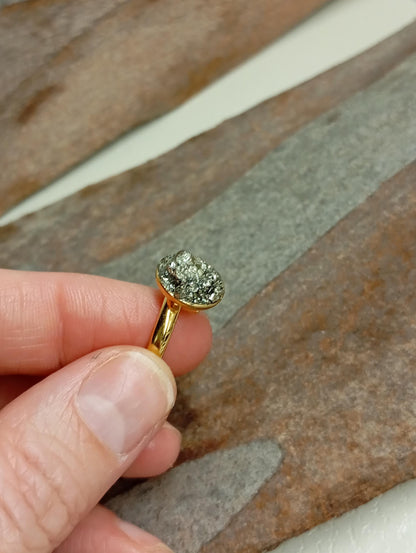 Pyrite ring adjustable stainless steel dainty ring, wealth stone, protection stone ring, natural raw gemstone