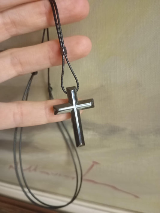 Hematite Cross Pendant Necklace,  Christian Religious Classic Cross Gemstone Cross, black cord necklace Men  Gift for beliver, prayer