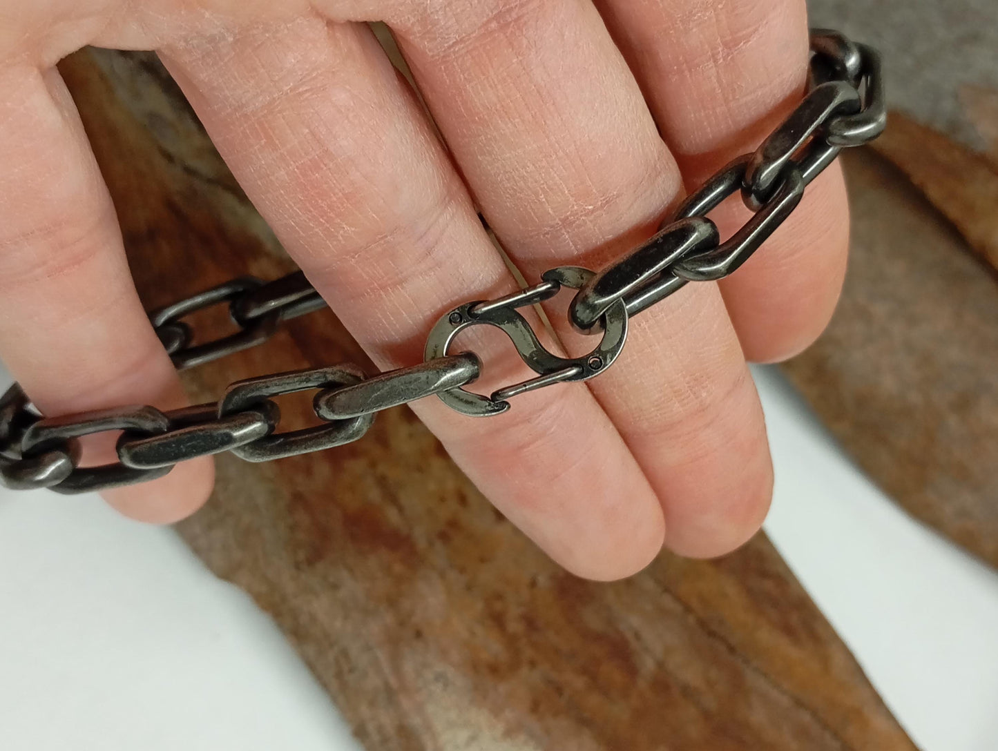 Handmade Rustic Oxidized Steel Chain Bracelet – Chunky Industrial-Style with Hook Clasp, bicycle chain