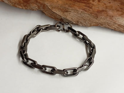 Handmade Rustic Oxidized Steel Chain Bracelet – Chunky Industrial-Style with Hook Clasp, bicycle chain
