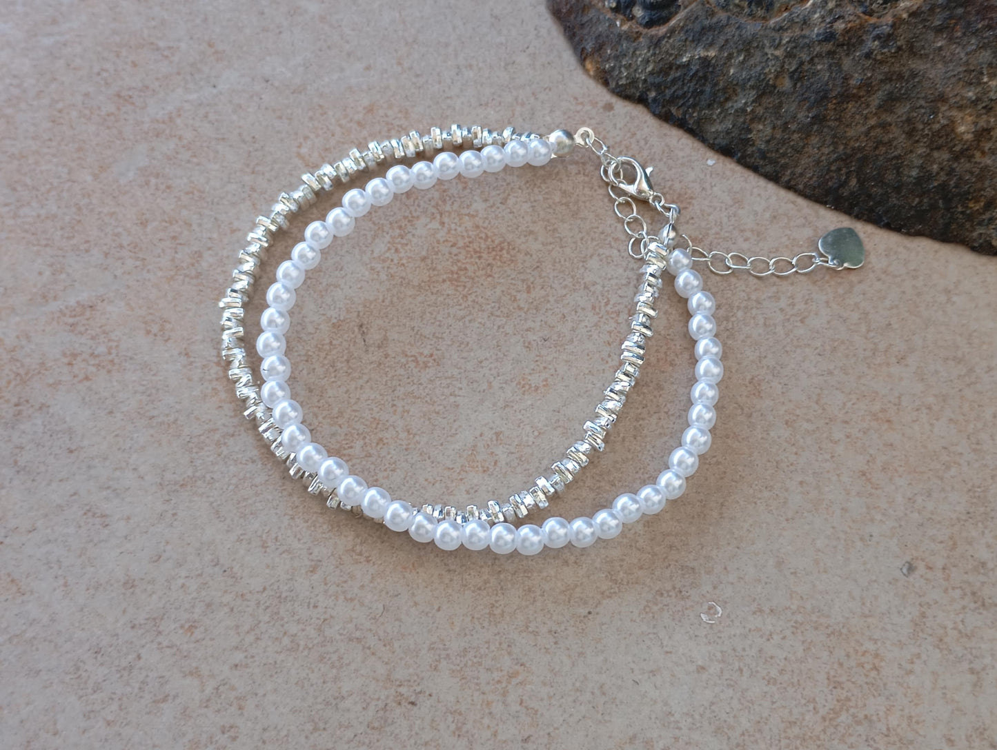 Sterling Silver with white round partial pearls beads Bracelet, Trendy Jewelry, girl birthday gift, party wedding simple fashion