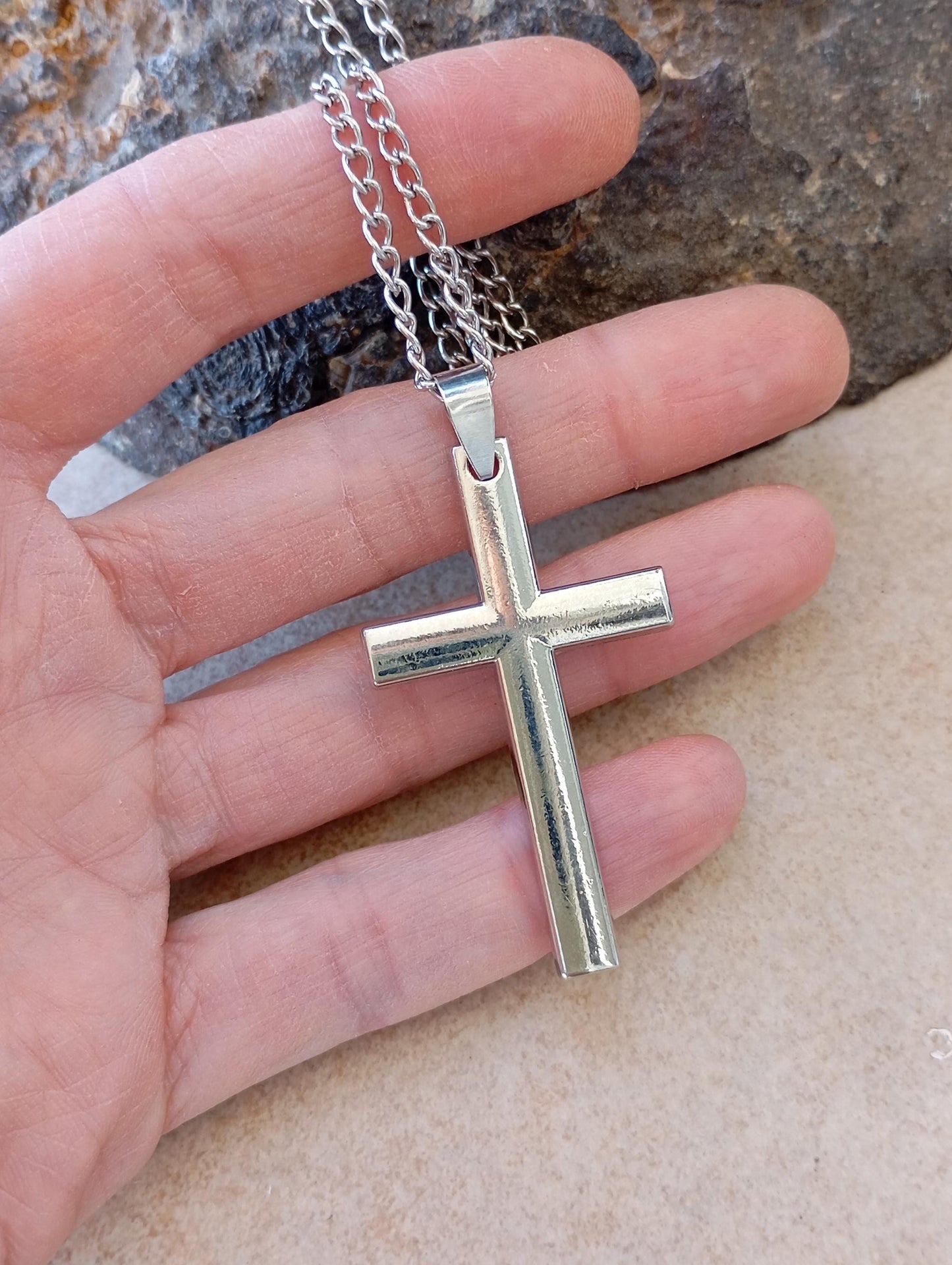 Classic Christian Cross Pendant Necklace for men, minimalist, simple silver colour, Religious, prayer, church, casual believer gift