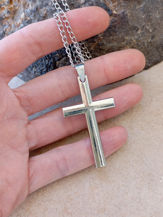 Classic Christian Cross Pendant Necklace for men, minimalist, simple silver colour, Religious, prayer, church, casual believer gift