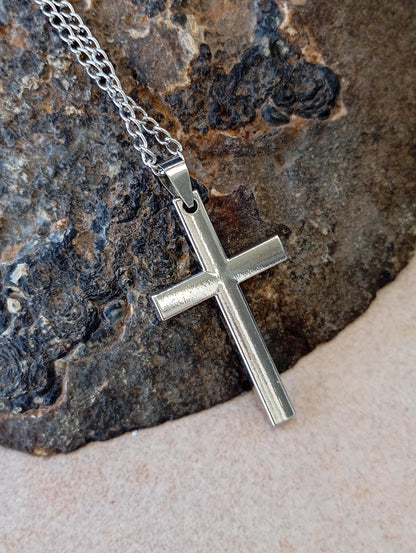 Classic Christian Cross Pendant Necklace for men, minimalist, simple silver colour, Religious, prayer, church, casual believer gift