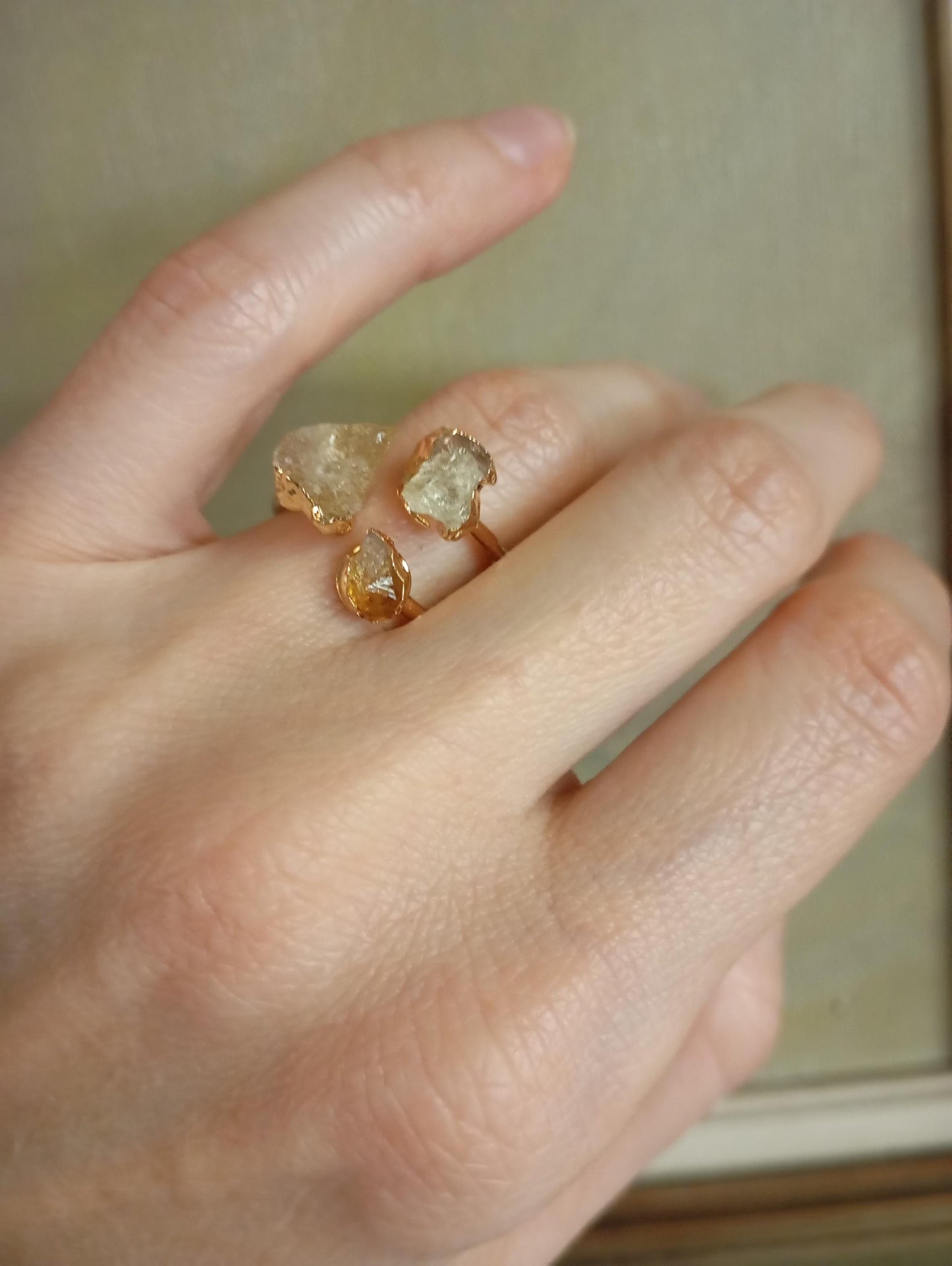 Raw Citrine three crystals gold edge crystal open finger ring, gemstone, exquisite dainty elegant, wedding, gift for women, healing mascot