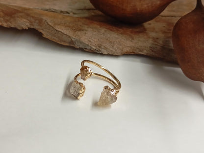 Raw Citrine three crystals gold edge crystal open finger ring, gemstone, exquisite dainty elegant, wedding, gift for women, healing mascot