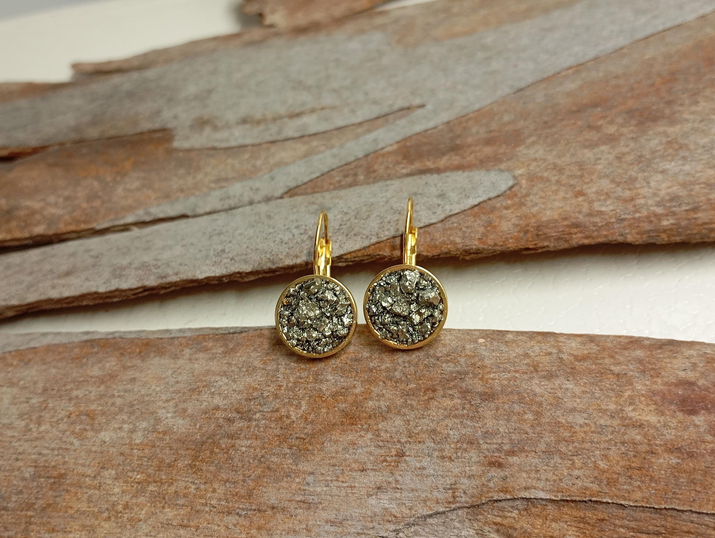 Gold-Plated Stainless Steel Earrings with Natural Pyrite – Elegant Handmade Jewelry,  Protection, Catching eye, Sparkly crystals