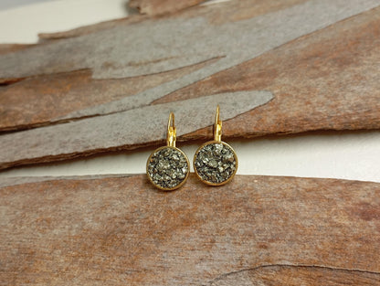 Gold-Plated Stainless Steel Earrings with Natural Pyrite – Elegant Handmade Jewelry,  Protection, Catching eye, Sparkly crystals