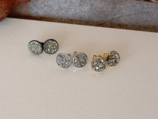 Raw Pyrite Stud Earrings round cabochon studs raw Iron Pyrite cubes jewelry,healing protection dainty handmade gemstone gift for girlfriend