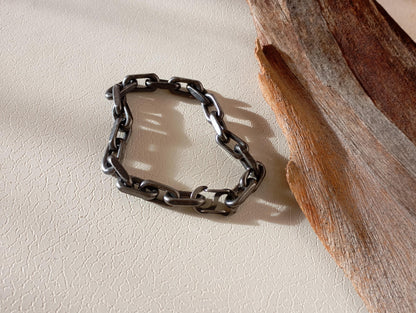 Handmade Rustic Oxidized Steel Chain Bracelet – Chunky Industrial-Style with Hook Clasp, bicycle chain