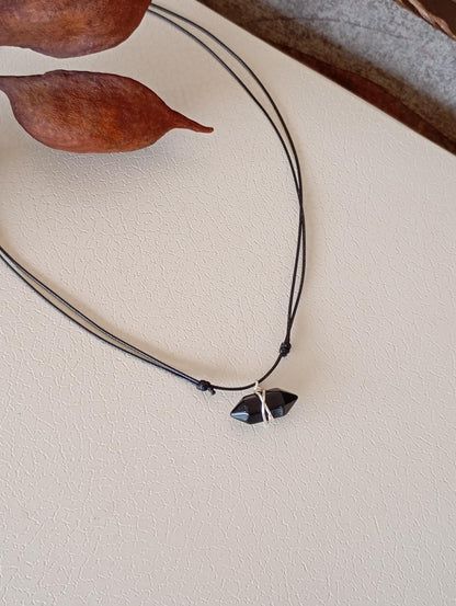 Black Obsidian Hexagon double pointed Crystal Necklace,Adjustable Trendy, bad eye Protection, Bohemian Black Cord Necklace