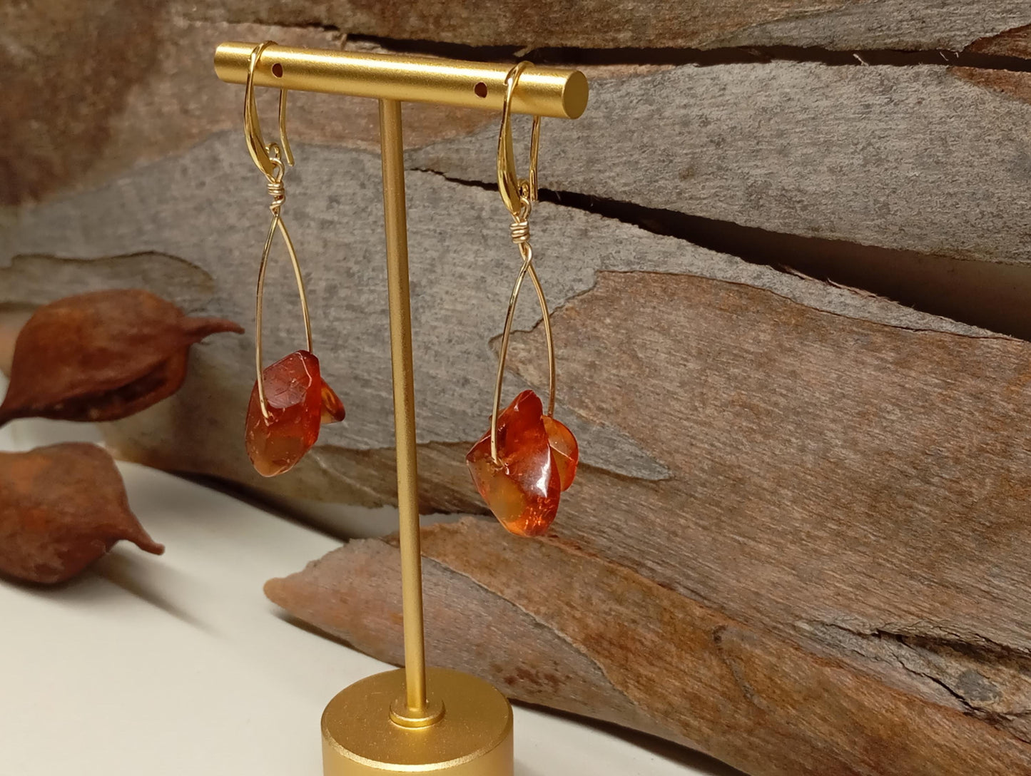 Baltic Amber Earrings - Gold plated Wire Wrapped, handmade earrings, Unique Vintage Dainty Elegant Evening Bohemian Natural Gemstone