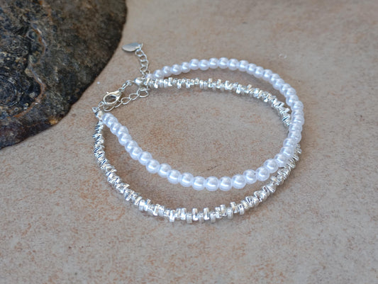 Sterling Silver with white round partial pearls beads Bracelet, Trendy Jewelry, girl birthday gift, party wedding simple fashion