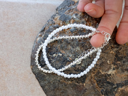 Sterling Silver with white round partial pearls beads Bracelet, Trendy Jewelry, girl birthday gift, party wedding simple fashion