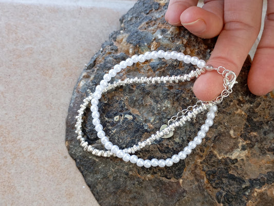 Sterling Silver with white round partial pearls beads Bracelet, Trendy Jewelry, girl birthday gift, party wedding simple fashion