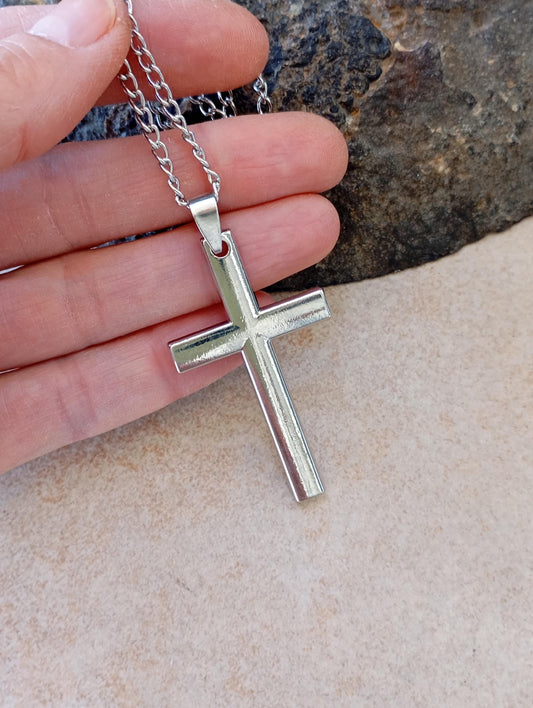Classic Christian Cross Pendant Necklace for men, minimalist, simple silver colour, Religious, prayer, church, casual believer gift