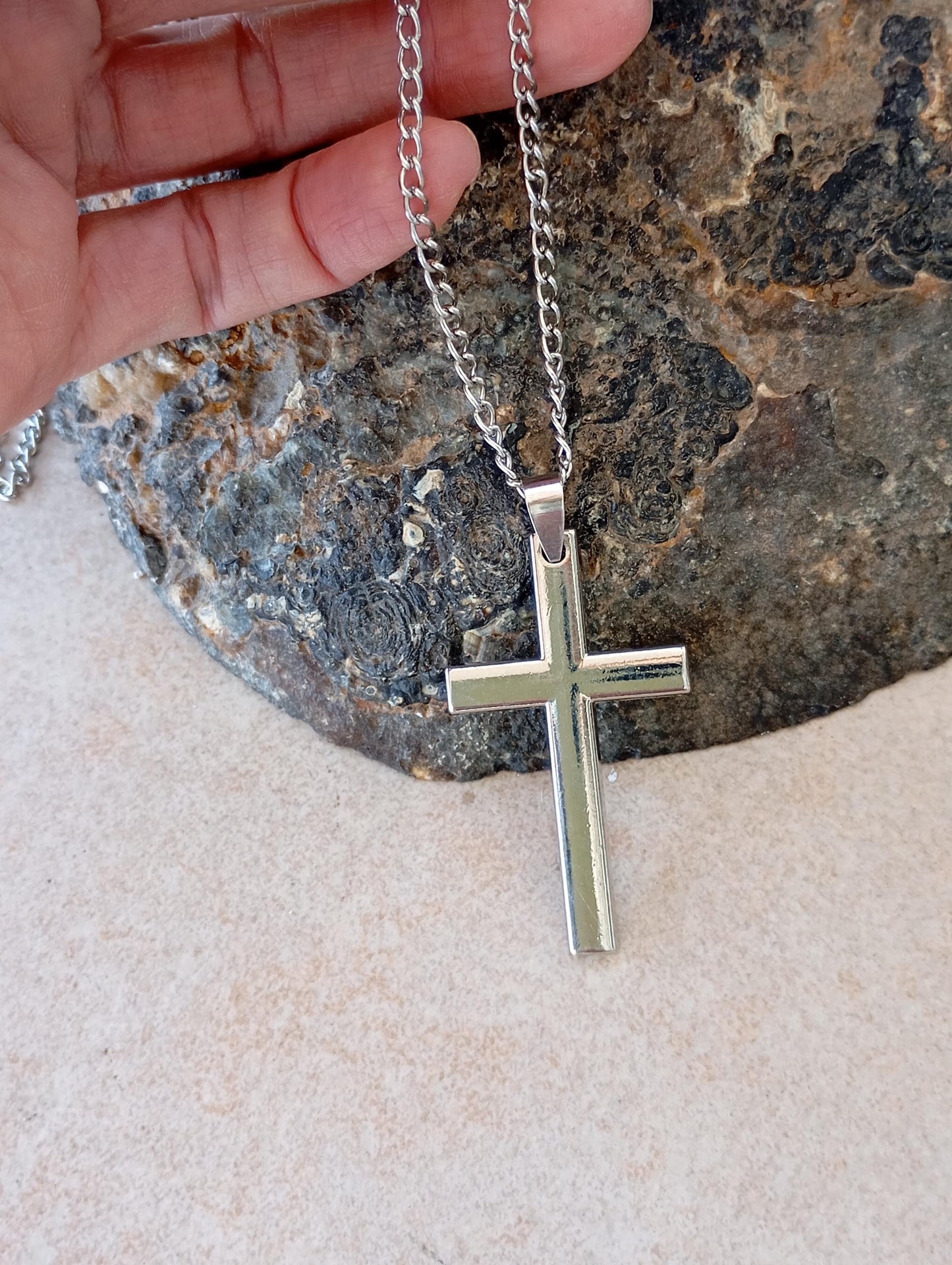 Classic Christian Cross Pendant Necklace for men, minimalist, simple silver colour, Religious, prayer, church, casual believer gift