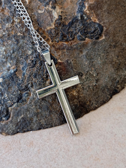 Classic Christian Cross Pendant Necklace for men, minimalist, simple silver colour, Religious, prayer, church, casual believer gift