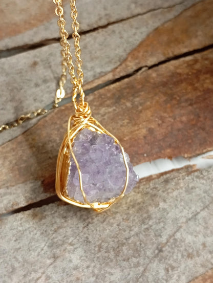 Natural Raw Amethyst druzy Crystal cluster Pendant Necklace For Women, wire wrap Gemstone Necklace,Healing Protection,  virgo birthstone