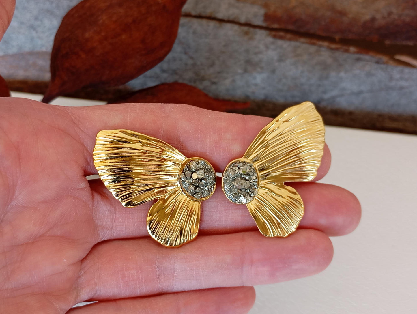 Natural Pyrite Earrings, flower leafs studs, wealth stone, Stainless steel studs , Handmade natural-inspired Bohemian Dainty Elegant Unique