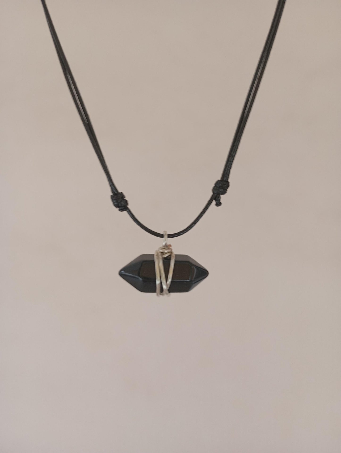Black Obsidian Hexagon double pointed Crystal Necklace,Adjustable Trendy, bad eye Protection, Bohemian Black Cord Necklace