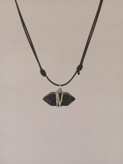 Black Obsidian Hexagon double pointed Crystal Necklace,Adjustable Trendy, bad eye Protection, Bohemian Black Cord Necklace