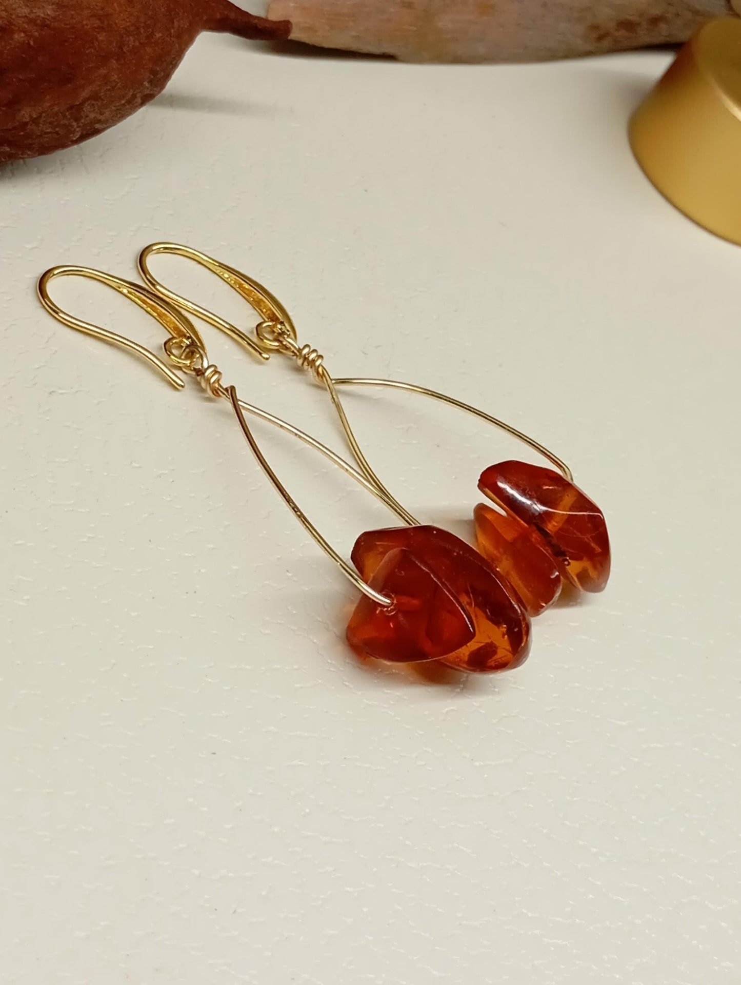 Baltic Amber Earrings - Gold plated Wire Wrapped, handmade earrings, Unique Vintage Dainty Elegant Evening Bohemian Natural Gemstone