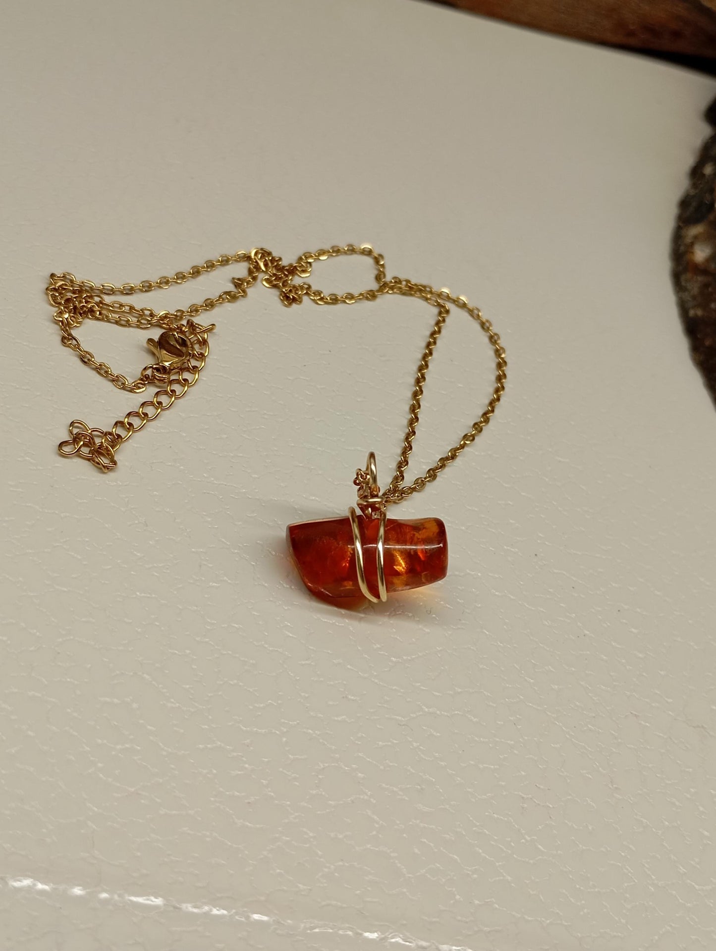 Handmade Baltic Amber Necklace – 24K Gold Plated Copper Wire Wrap, Stainless Steel Chain 45cm, Unique Natural Gemstone Pendant