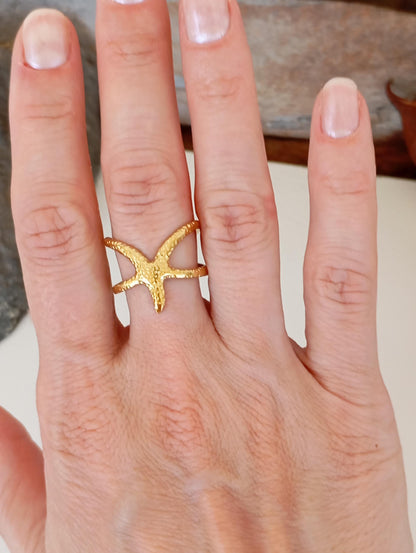 Adjustable Stainless Steel Starfish Rings – Ocean Inspired Open Band Ring in Gold or Silver – Beach Jewelry for Women, Sea Lover Gift