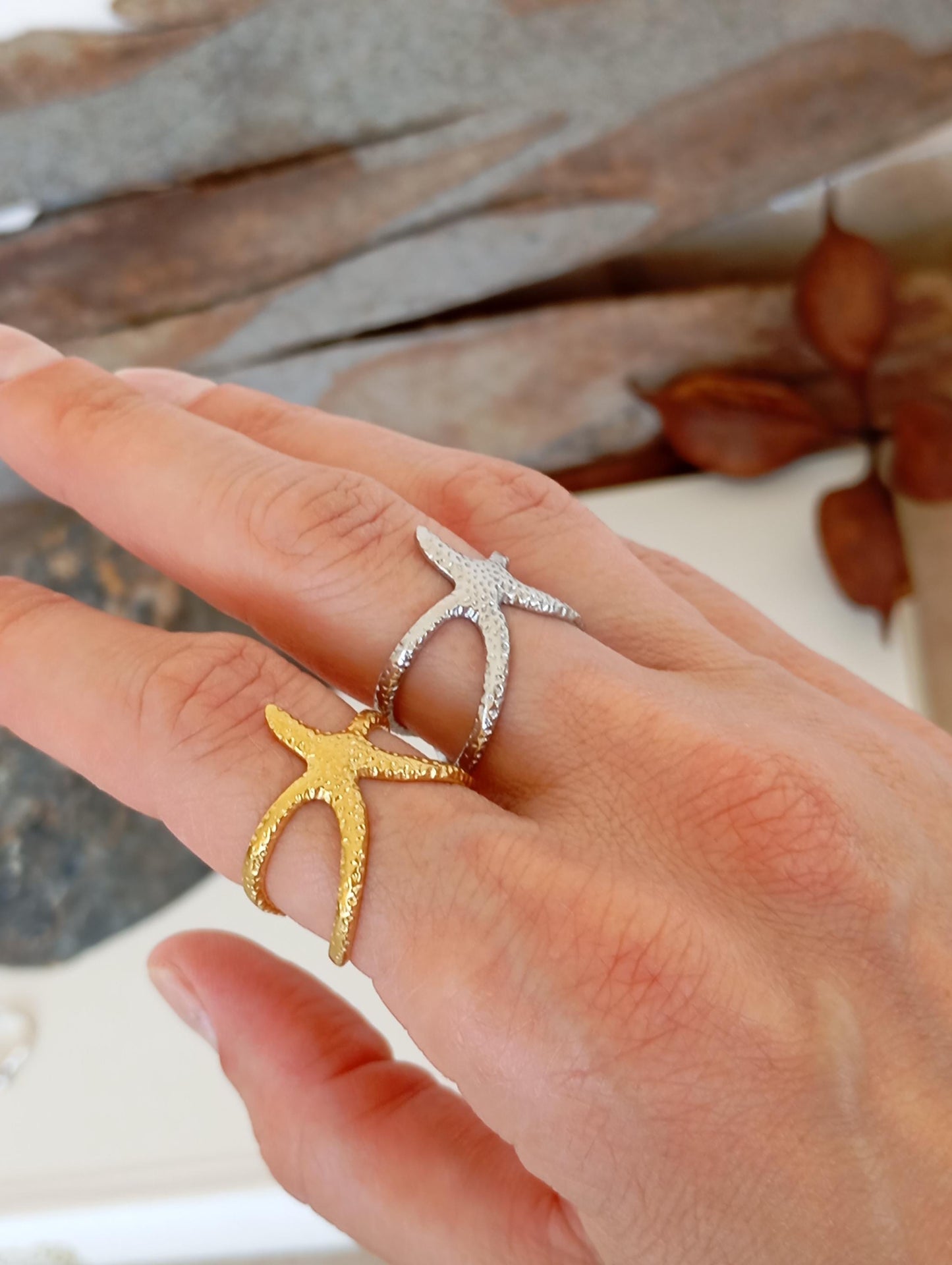 Adjustable Stainless Steel Starfish Rings – Ocean Inspired Open Band Ring in Gold or Silver – Beach Jewelry for Women, Sea Lover Gift