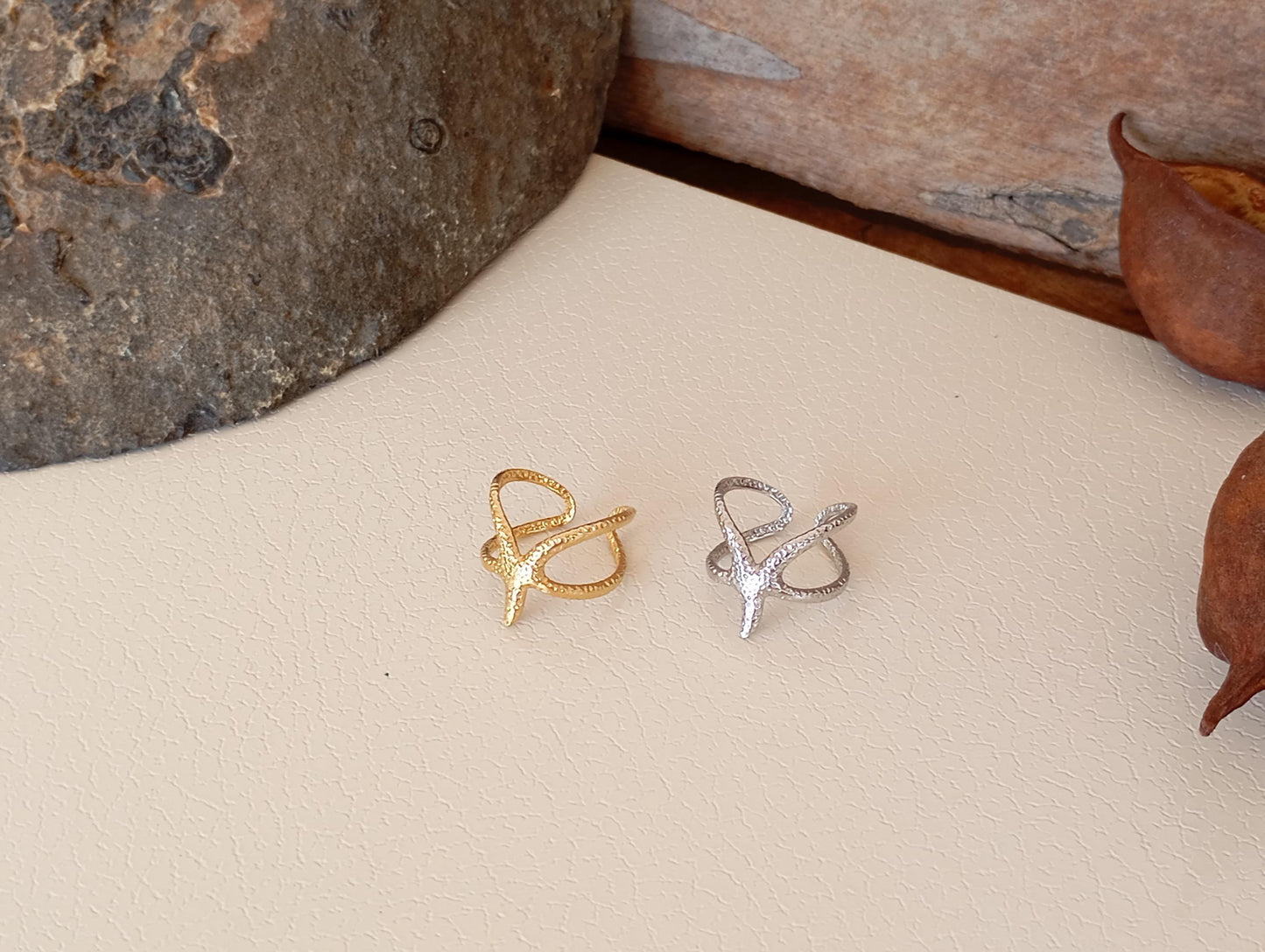 Adjustable Stainless Steel Starfish Rings – Ocean Inspired Open Band Ring in Gold or Silver – Beach Jewelry for Women, Sea Lover Gift