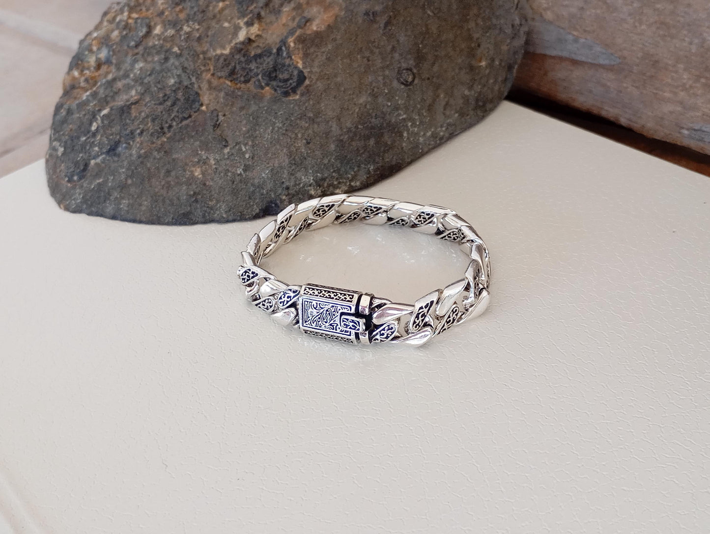 Engraved Stainless Steel Bracelet for Men, Silver Chain with Ornate Clasp,  20cm Viking-Style Link Bracelet – Unique Gift for Him
