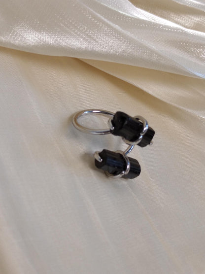 Raw black tourmaline adjustable finger ring in silver or gold, gemstone, healing protection, mascot, fashion, wedding,elegant,gift for women