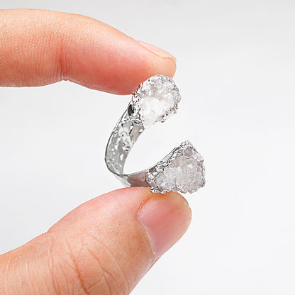Raw white quartz druzy crystals adjustable finger ring, gemstone, zodiac, bohemian fashion dainty elegant protection stone, wedding, party