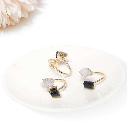 Open finger ring with two raw crystals Black Tourmaline and quartz druzy crystal, natural gem, fashion dainty elegant healing protection